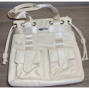 Samsonite Cream Leather Laptop Tote Shoulder Bag Y2K Lots Of Pockets 14”x14”